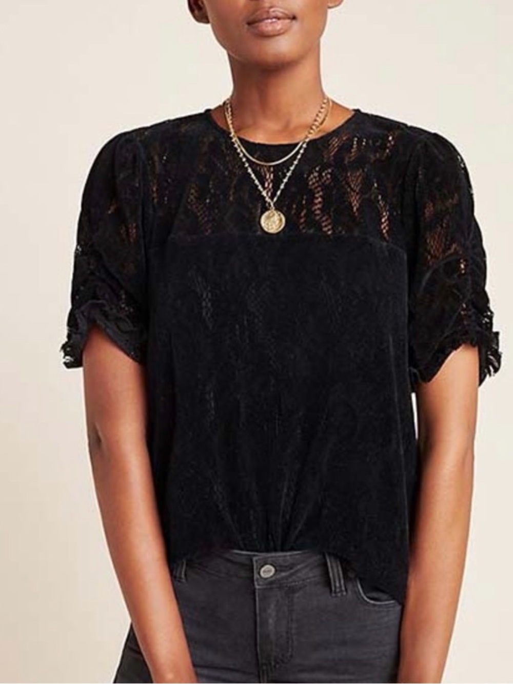 Anthropologie Black Velvet Lace Short-Sleeve Blouse size XS